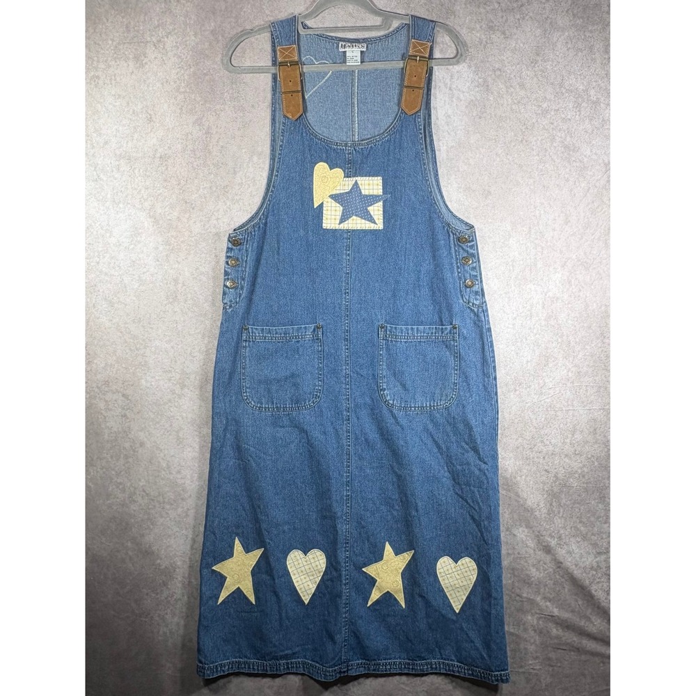 Vintage HAIKS Jumper Dress Womens Large Blue Denim Stars Hearts Patchwork Buckle